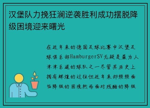 汉堡队力挽狂澜逆袭胜利成功摆脱降级困境迎来曙光