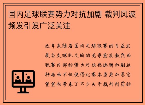 国内足球联赛势力对抗加剧 裁判风波频发引发广泛关注