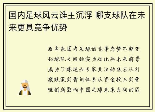 国内足球风云谁主沉浮 哪支球队在未来更具竞争优势