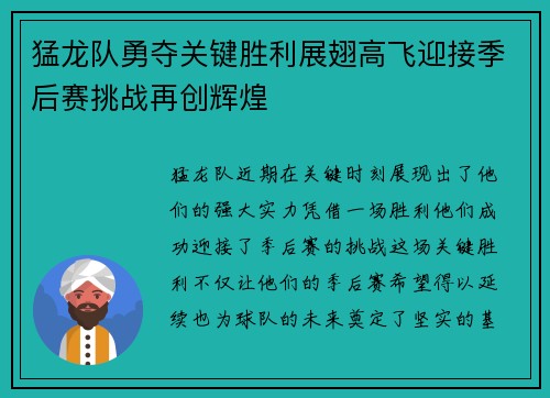 猛龙队勇夺关键胜利展翅高飞迎接季后赛挑战再创辉煌
