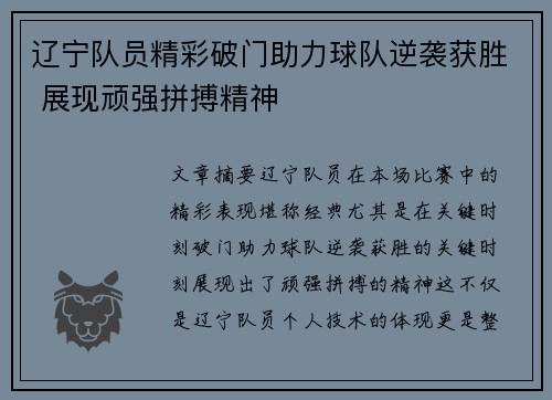 辽宁队员精彩破门助力球队逆袭获胜 展现顽强拼搏精神