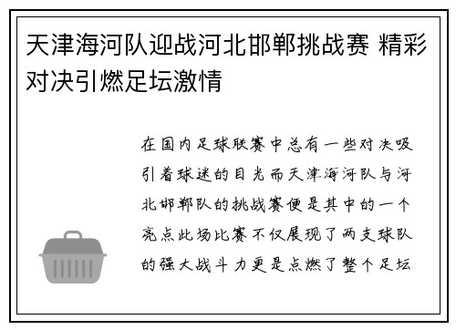 天津海河队迎战河北邯郸挑战赛 精彩对决引燃足坛激情